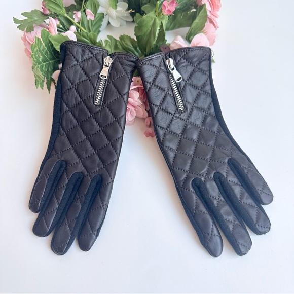 LAUREN Ralph Lauren THE TOUCH GLOVE Brown Quilted Leather Black Wool Zip Gloves - Picture 1 of 16